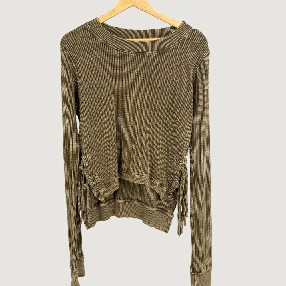Free People FP One Thermal Top Size XS Olive Green Side Tie Fringe Waffle Knit